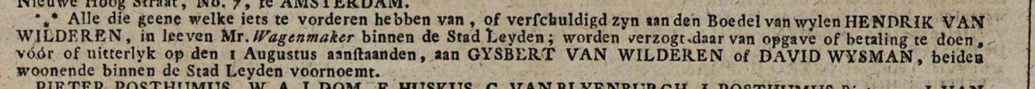 Advertentie na overlijden (13-07-1807, Leydse courant)